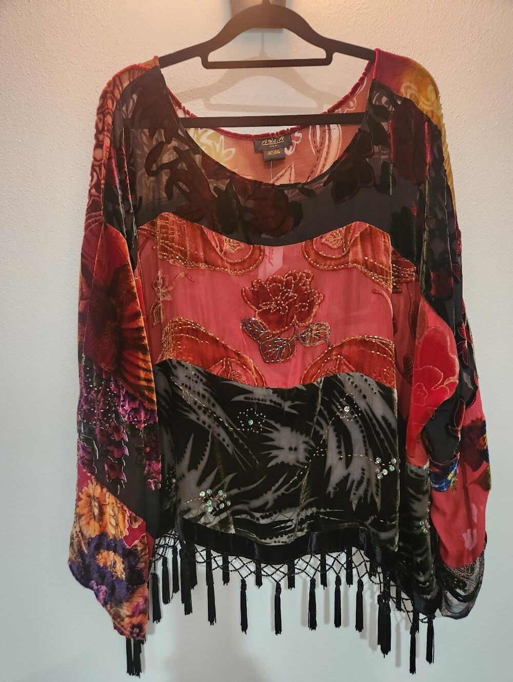 Embroidered Multicolor Patchwork Velvet Silk Fringe Long Sleeve Top